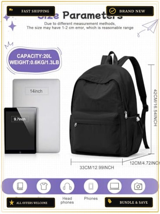 Water-Resistant Nylon Backpack with 14 Laptop Sleeve for School College Commute